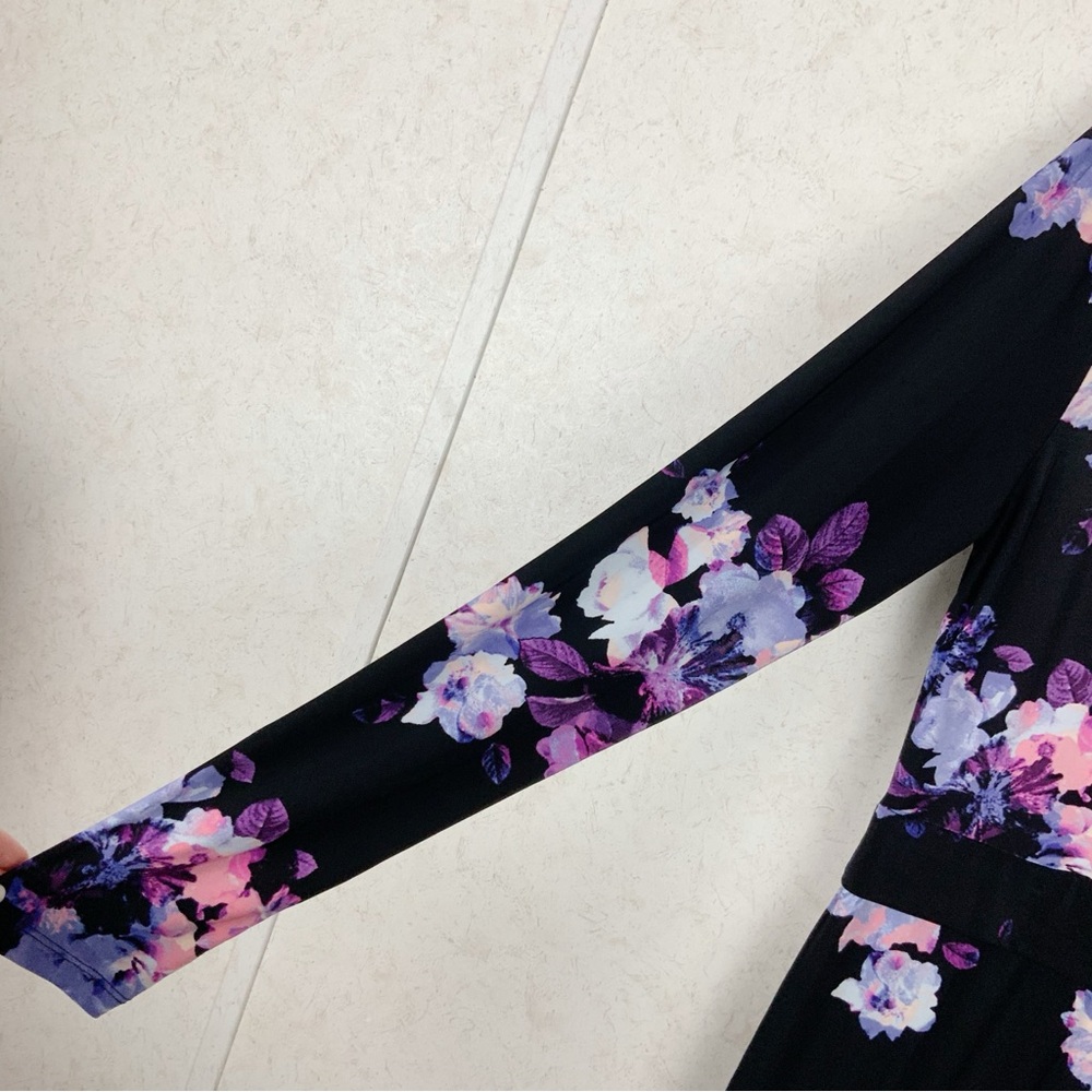 Jennifer Lopes Black Floral Long Sleeve Faux Wrap Maxi Dress M Leg Split Wedding - Picture 4 of 10